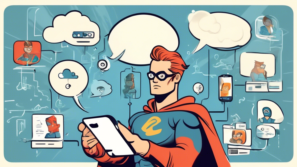 An animated superhero debunking myths about cloud-based phone systems in a dynamic, digital world, with speech bubbles containing symbols of common misconceptions and truths.