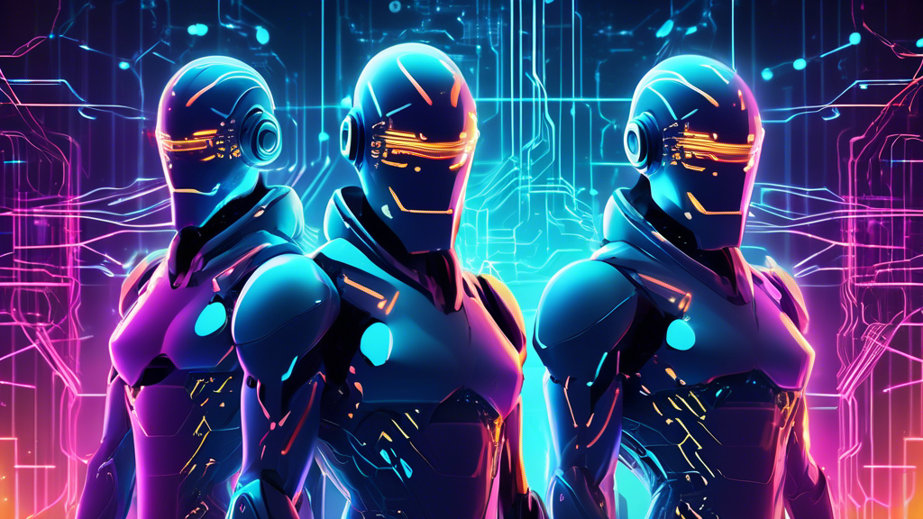 Digital illustration of futuristic cyber guardians standing guard over a network of glowing, interconnected computer nodes, symbolizing leading cybersecurity companies protecting the digital world.