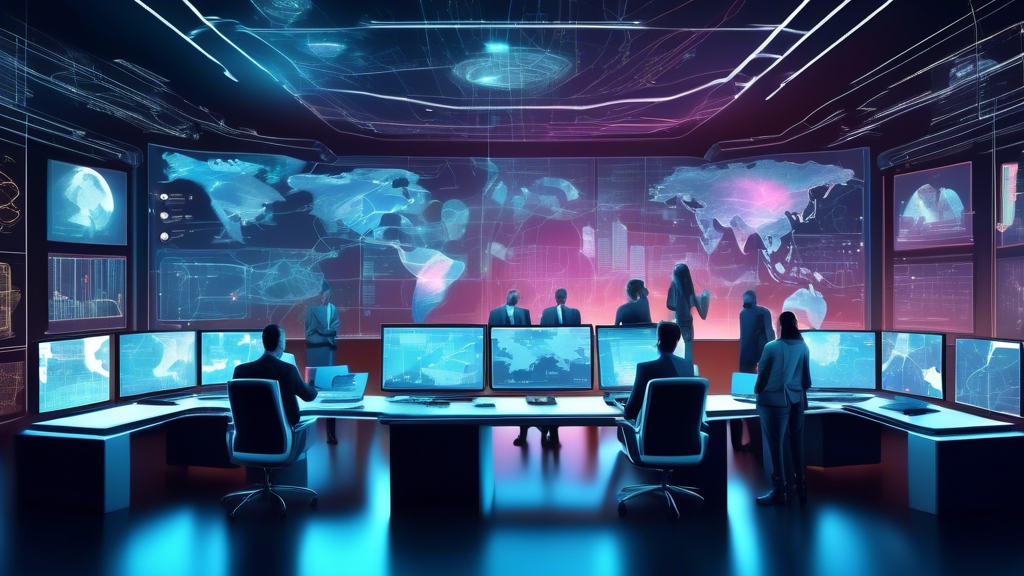A futuristic control room with multiple holographic screens displaying global maps and various IT management tools, with a team of diverse professionals collaborating to ensure seamless IT operations for a multi-location business.