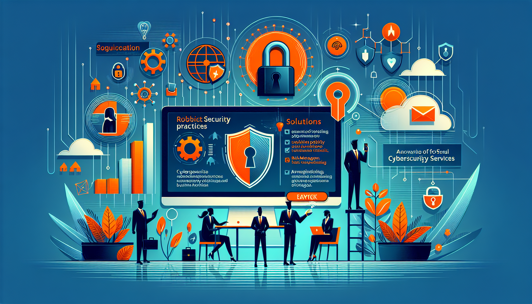 Create a modern and vibrant illustration embodying the themes of cybersecurity in the context of small and medium-sized businesses and non-profits. The image should depict engaging scenarios that resonate with the themes of robust security practices, navigating online threats, and solutions safeguarding organizations. Make use of three key style elements: sophistication, approachability, and emphasis on visual storytelling. The viewer should feel like a decision-maker evaluating their cybersecurity approach, invoking a sense of trust and expertise. Make sure to align the illustration with topics such as cybersecurity policy creation, risk management, and advantages of professional cybersecurity services. Use bold colors and clean lines for a contemporary touch to increase visual appeal.