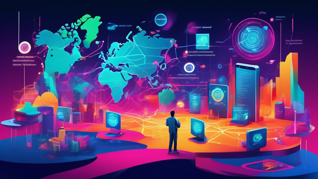A futuristic digital landscape showcasing Cisco's cybersecurity technology actively defending a network against cyber threats and attacks, with vibrant shields and digital locks overlaying a world map.