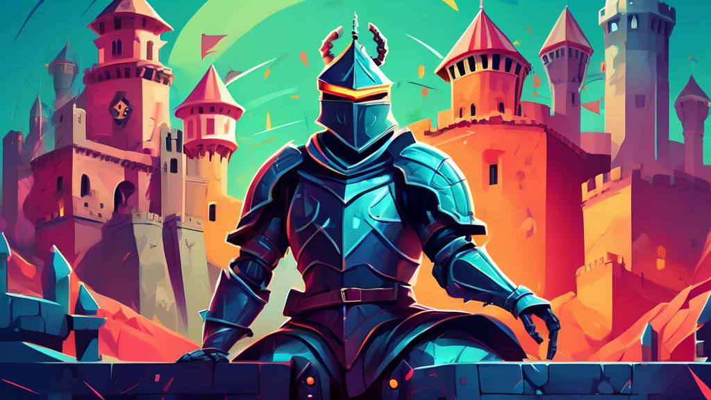 An illustrative digital painting of a vigilant digital knight standing guard over a stylized fortress, symbolizing a computer, with various cybersecurity threats like viruses and hackers looming in the background, showcasing essential defenses and best practices for online safety.