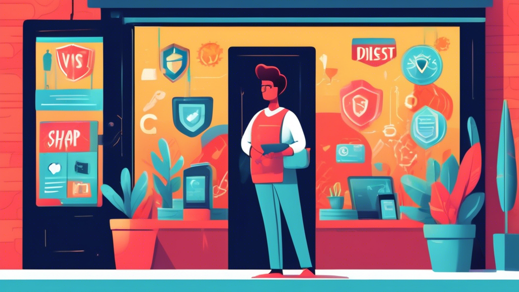 An illustration of a small business owner standing in front of their shop with a large shield, protecting it from incoming digital threats like viruses and hacker icons.