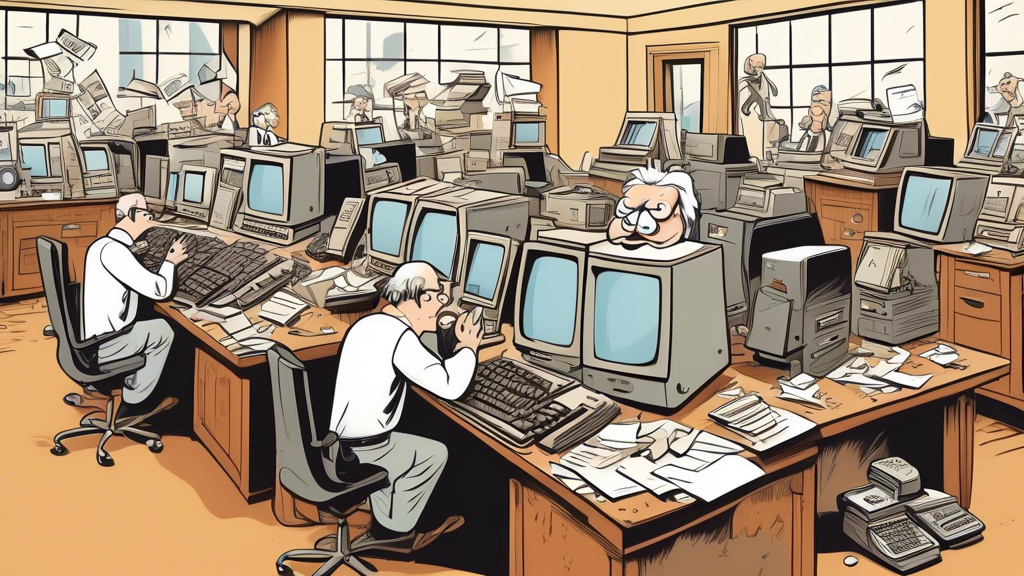A cartoon of ancient computers and fax machines scattered around a modern law office, with lawyers looking puzzled and frustrated.