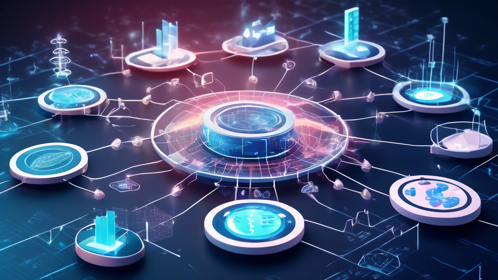 A futuristic digital landscape showcasing an array of healthcare devices all interconnected with glowing secure network symbols, surrounded by statistical charts and graphs floating in the air, under a protective shield symbolizing cybersecurity.