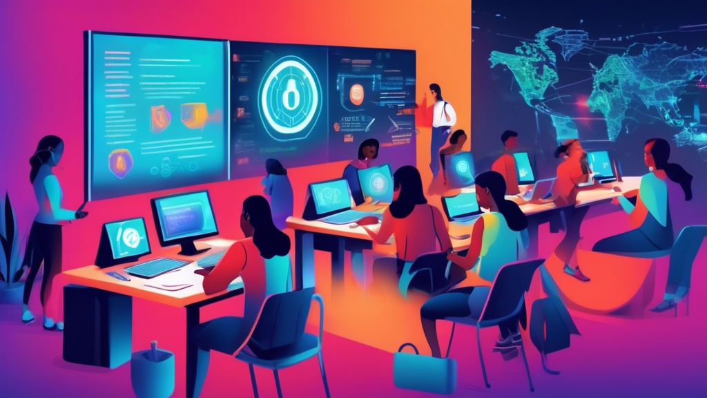 A detailed digital illustration of a diverse group of students engaged in studying cyber security on virtual screens with the Simplilearn logo illuminated in the background, in a futuristic virtual classroom setting.