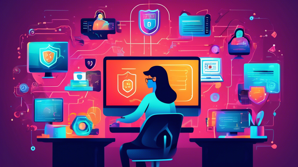 Digital artwork of a person sitting at a computer, navigating the Udemy webpage with various cyber security course options highlighted on the screen, surrounded by digital locks and shields.