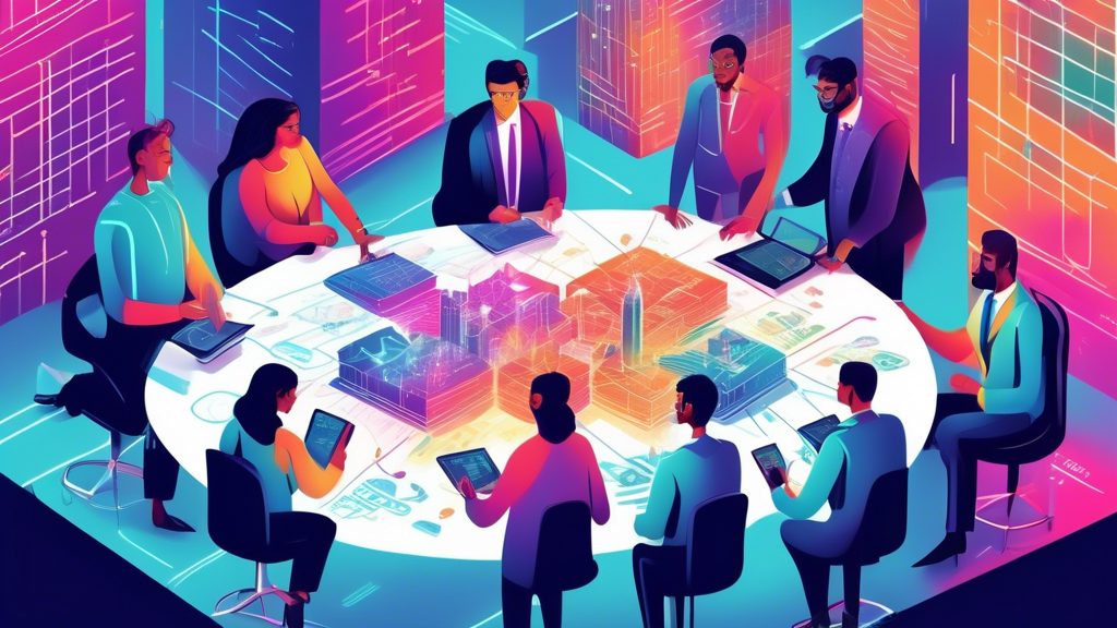 An illustration showing a diverse team of experts congregating around a digital table, collaboratively working on a holographic map pinpointing cyber threats within a modern cityscape, symbolizing local cyber security solutions.