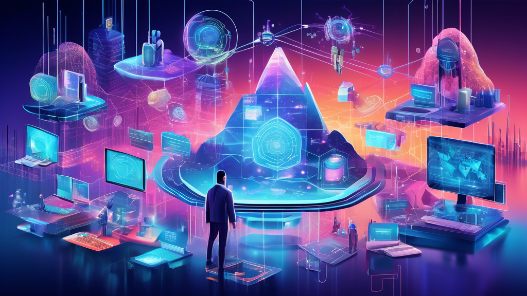 An illustrative digital collage showcasing futuristic cyber security technologies and trends, with virtual landscapes filled with holographic data protection elements and symbols, interconnected networks, and advanced AI guardians, as envisioned by Gartner's latest insights.