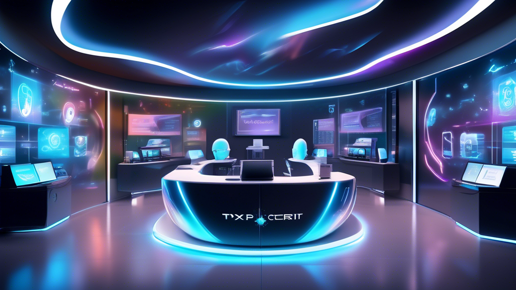 A futuristic and sleek customer service center filled with holographic displays and AI assistants, all branded with the logos of TPx and Midwest Credit & Collection, showcasing a harmonious blend of technology and finance.