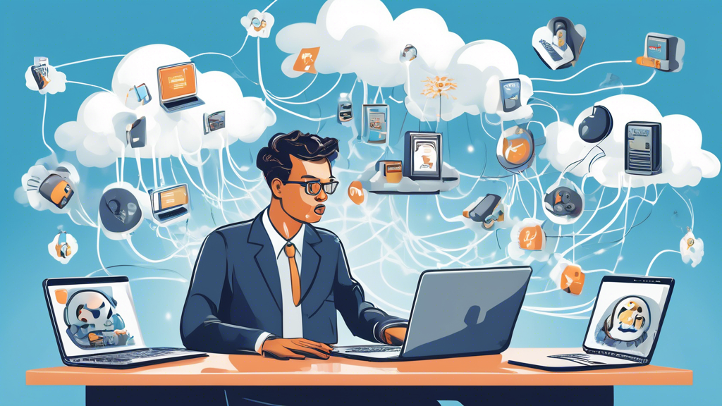 A digital illustration of a school network administrator juggling multiple electronic devices (laptops, tablets, servers) with icons symbolizing cybersecurity threats, bandwidth issues, and educational software updates floating around in a cloud-filled sky.
