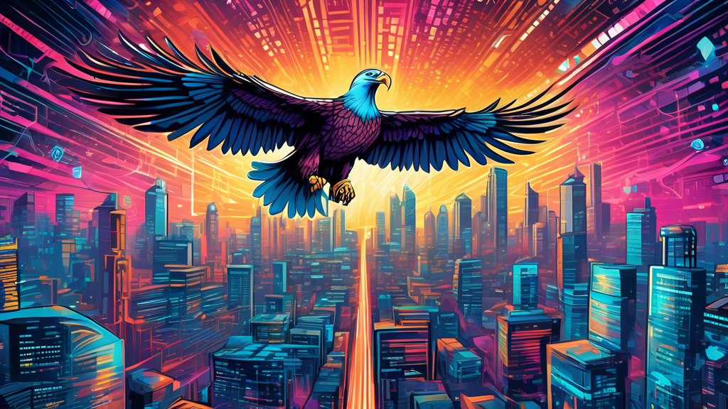 Create a futuristic cityscape with a digital eagle soaring above, its wings composed of binary code, illustrating protection and vigilance in the realm of cyber security.