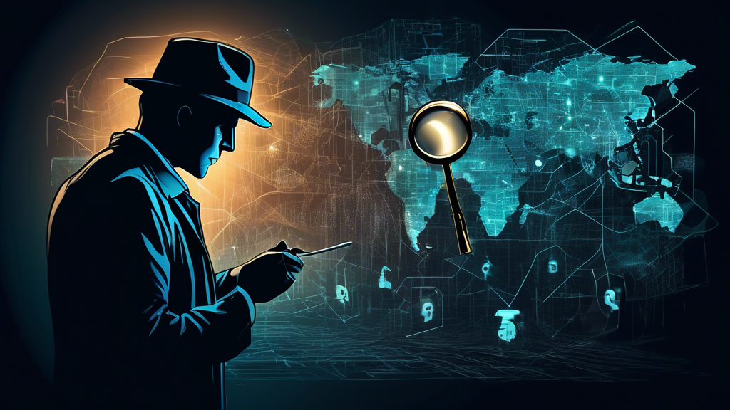 Create a digital artwork depicting a detective with a magnifying glass scanning through a dark, mysterious digital world, highlighting symbols of security and privacy breaches, with a contrasting background symbolizing the dark web.