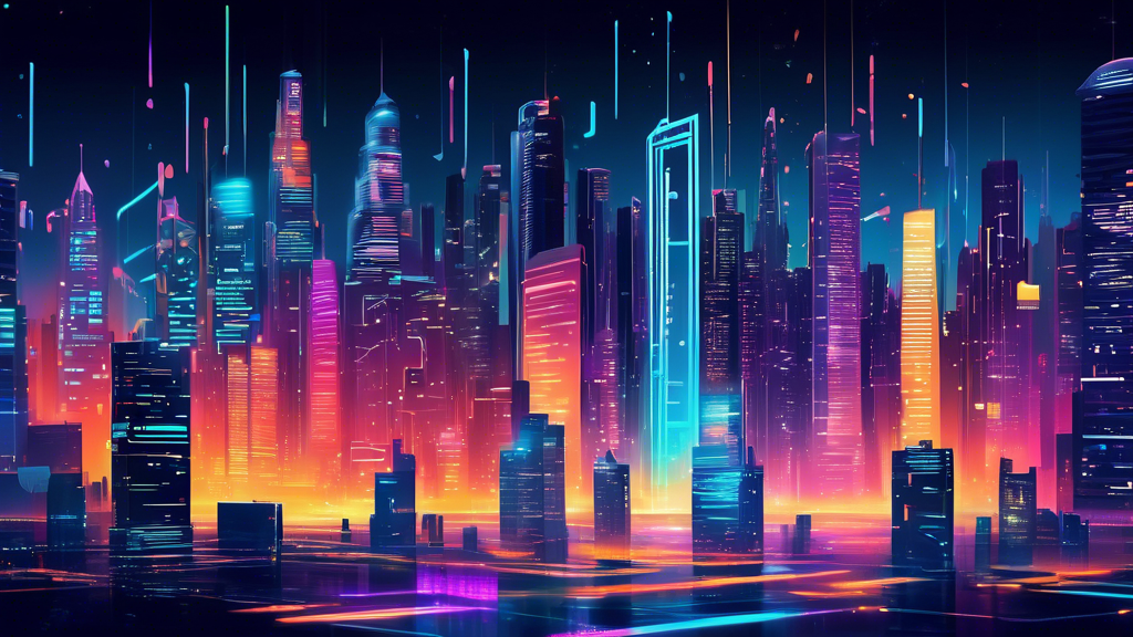 Digital fortress: A futuristic cityscape at night, illuminated by glowing data streams, with skyscrapers branded with logos of the top cyber security companies in 2023.