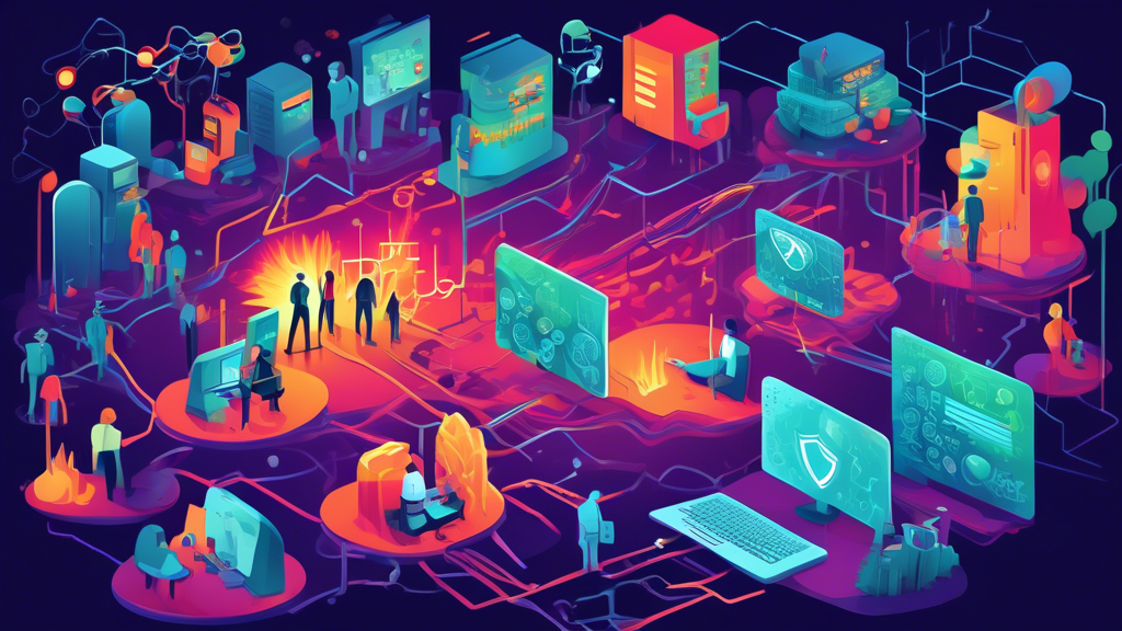 An illustrated digital landscape showing various cyber security threats like viruses, malware, and hackers lurking around a fortified network firewall, symbolizing the concept of protecting against online vulnerabilities.