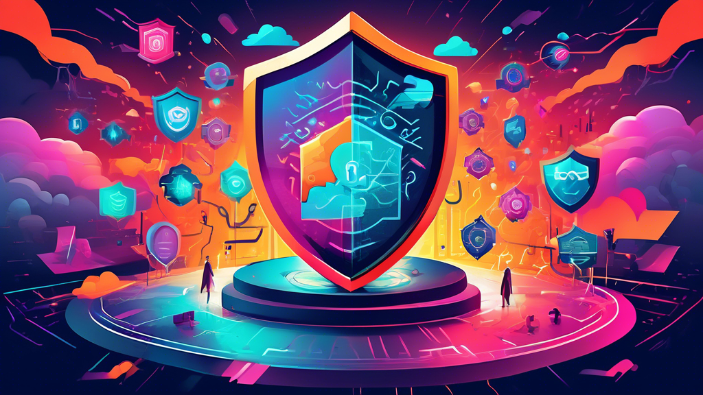 A futuristic digital landscape depicting a shield defending against a storm of viruses and malware symbols to illustrate cyber security protection.