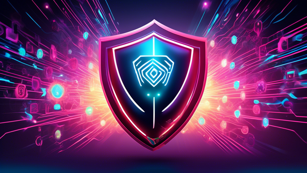 A futuristic digital illustration of a shield glowing with cyber energy, adorned with the McAfee logo, protecting a computer against a swarm of digital viruses and threats in a cyberspace background.