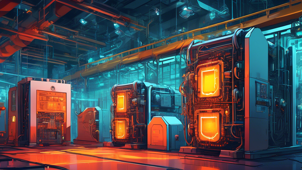 Digital artwork depicting a fortified firewall protecting industrial machinery and computer systems, symbolizing OT cybersecurity essentials, with digital locks and shields in a futuristic factory setting.