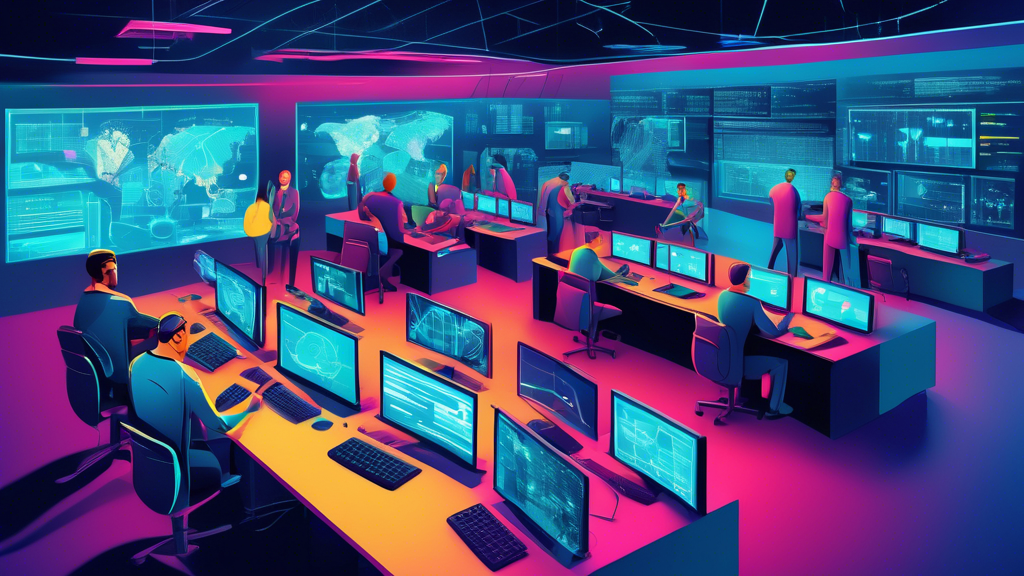 Digital illustration of a high-tech security operations center filled with computer screens displaying real-time cyber security data analysis, with a team of professionals working collaboratively in a futuristic setting.