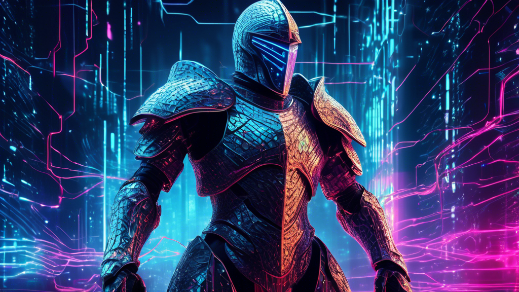 Create a digital artwork depicting a cyber knight in shining, futuristic armor, wielding a glowing sword, standing guard over a massive, intricate network of digital data streams and nodes that weave through a shadowy, virtual landscape. The background is dotted with silhouettes of lurking digital threats, representing various forms of malware and viruses, contrasting sharply against the vivid, neon-lit cybersecurity defenses.