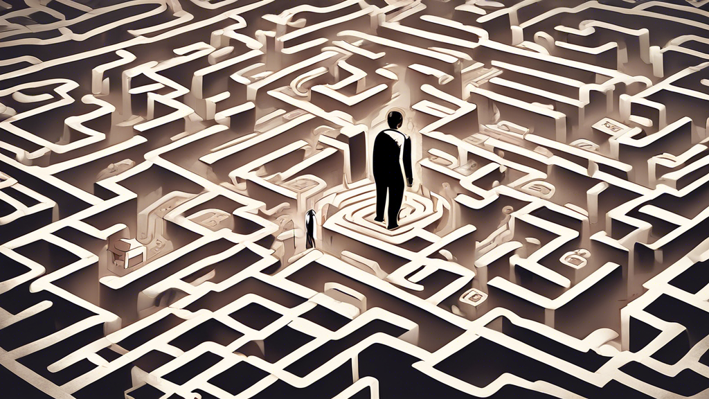 An evolving, intricate maze with multiple exits, each labeled with different years, and a person at the entrance holding a checklist looking perplexed.