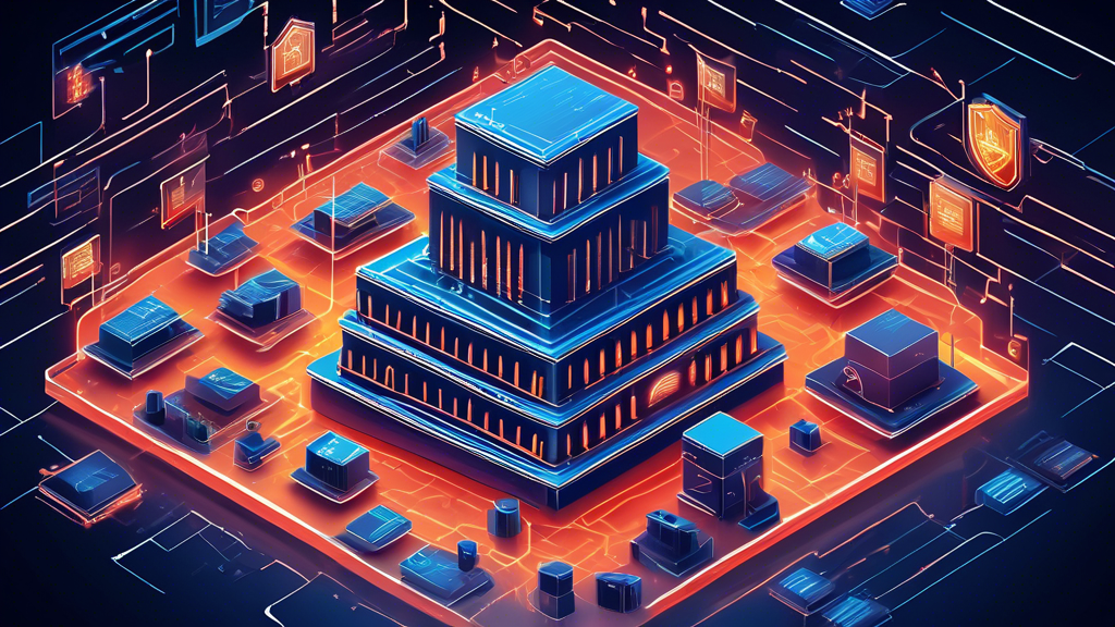 An intricate cyber defense system encompassing an array of digital shields and firewalls surrounding a stylized representation of a law firm building, highlighting the necessity of comprehensive cybersecurity measures beyond insurance.
